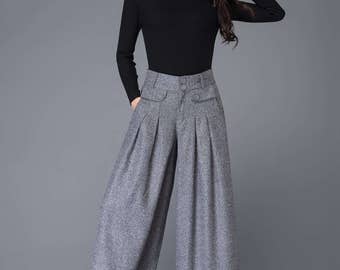 Wide leg pants, wool pants, wide leg pants women, pants, womens pants, winter pants, gray trousers, long pants, palazzo pants C1001