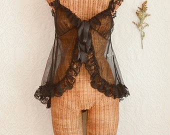vintage 1980s black sheer ruffle teddy with tie