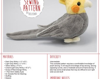 Cockatiel Sewing Pattern, Cockatiel Plushie Pattern, Stuffed Animal PDF Pattern, Digital Download, Sewing Tutorial