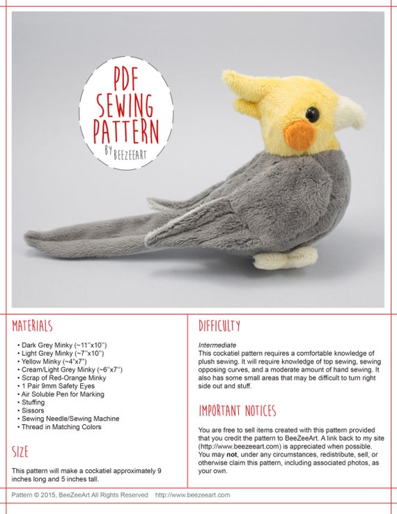 Cockatiel Sewing Pattern Cockatiel Plushie Pattern Stuffed