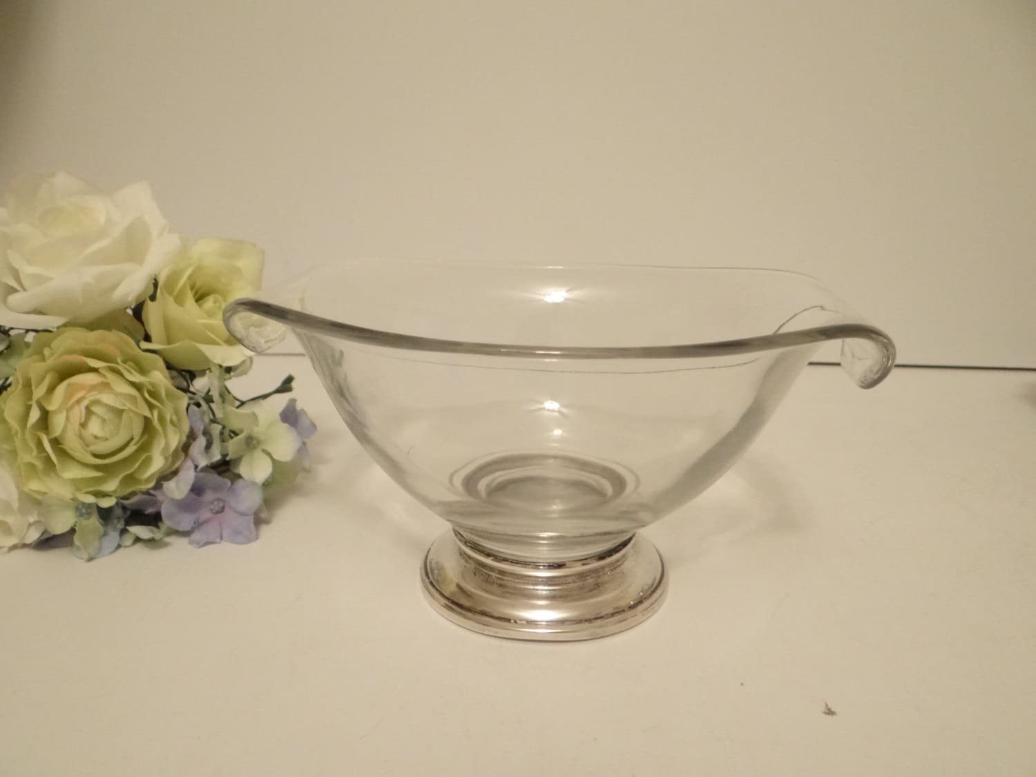 Lovely Glass Gravy Boat with Silver Plate Base Elegant