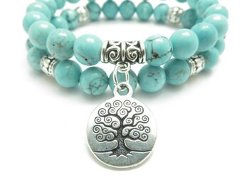 Tree of Life jewelry Yoga Mala Bracelet Turquoise Healing Protection Elastic Beaded Stacking Bracelet Spiritual jewelry Mother's Day gift