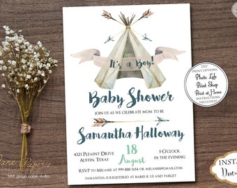 INSTANT DOWNLOAD - Boho Teepee Tribal Baby Shower Invitation - Boy Pow Wow Aztec Feather Baby Shower - Arrows Boho Oh Boy Little Chief 0441