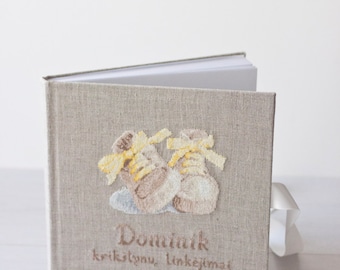 Baby book baby memory book natural linen, decorated with cross stitch picture
