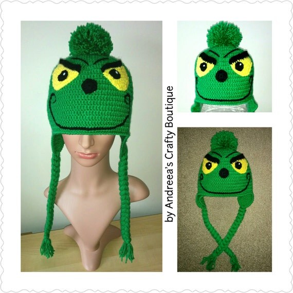 Crochet Grinch Earflap Holiday Beanie Crochet Grinch
