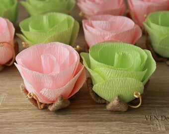 Rustic Wedding Decor, 10 Rustic Green Pink Paper Flowers, Wedding Paper Centerpiece, Wedding Table Decor, Rustic Bridal Party Decorations