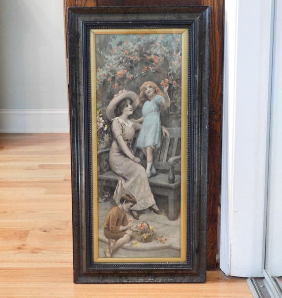 Lithograph N Prescott Davies Antique Victorian Art Nouveau Hand Tinted Lithograph 1913 Norman Prescott Davies Mother Children in the Garden