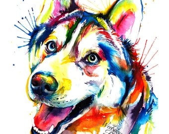 Colorful Siberian Husky Art Print - Print of my Original Watercolor Painting