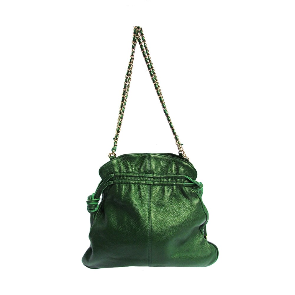 Vintage Handbag Emerald Green Leather Feedbag Drawstring Purse