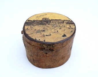 Carved wood vintage French souvenir box Biarritz Sepia print hinged with lid- jewellery keepsakes
