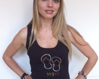 Maui Tank Top, Hawaiian Top, Top with Rhinestones, Black Tank Top, Summer Top, Women's Top, Summer Fashion