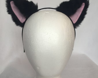 Black Kitty Ears Headband, Black Cat ears with pink inner color
