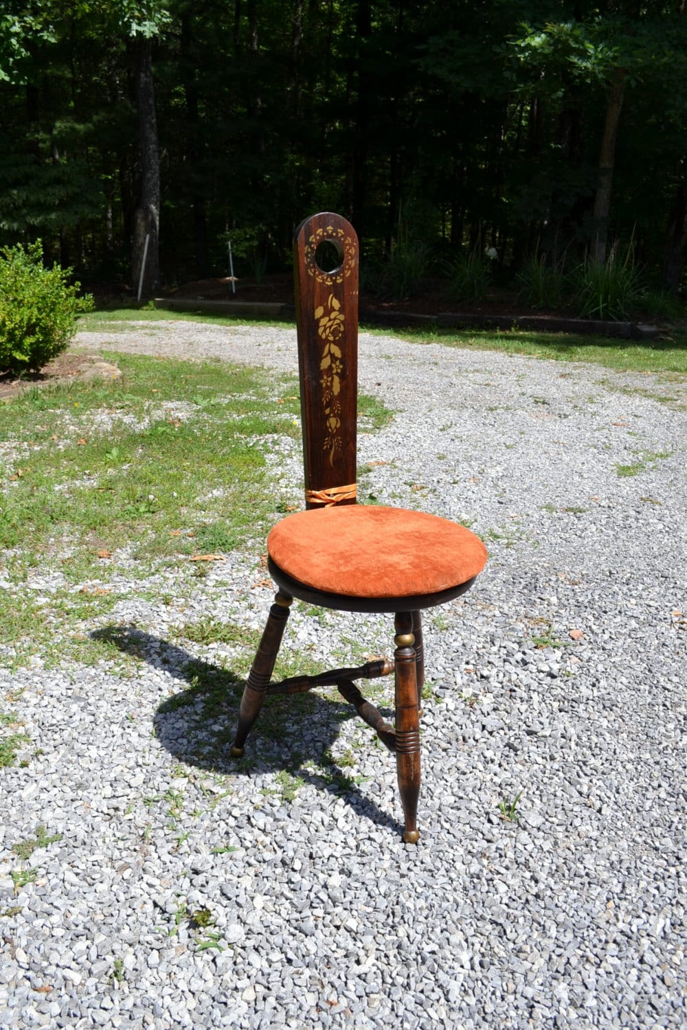 Vintage Wooden Stool Chair Three Legs High Back Spinning Stool