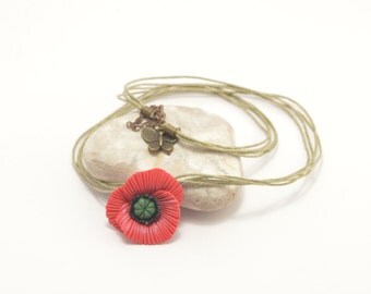 Polymer clay necklace, poppy necklace, flower necklace, floral necklace, polymer clay poppy, poppy jewelry, floral jewelry, poppy jewellery