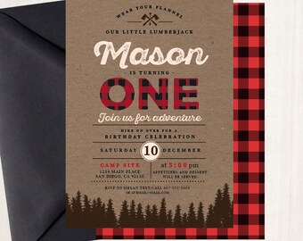 Lumberjack First Birthday Invitation Buffalo Plaid Wilderness Lumberjcack Invitation - Printed Or Printable File Free Shipping Ibd0001