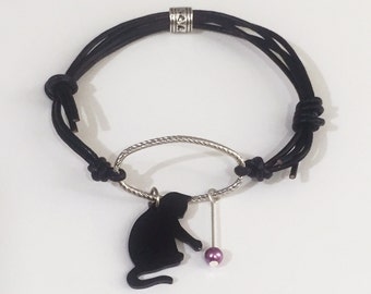 Black Cat Bracelet, Cat Silhouette Bracelet, Cat Lady Bracelet, Leather Cord Cat Bracelet