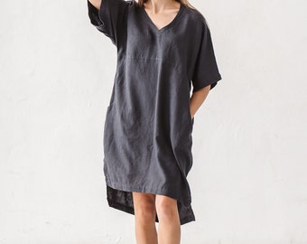 Graphite grey linen dress, V neck linen dress, Minimal linen dress, Linen tunic, Minimal linen tunic, Washed linen clothes, Loose dress