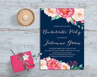 Printable Bachelorette Invitation, Floral Bachelorette Party Invitation Printable, Hens Night Party Invitation, Navy & Pink Bachelorette