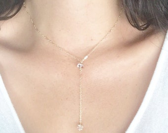 Herkimer Diamond Lariat Necklace, Herkimer Diamond Drop Necklace, Y Necklace, Gold Filled Necklace