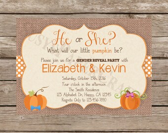 Pumpkin Gender Reveal Invitation, Digital File, You Print