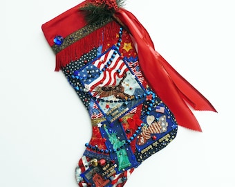 Patriotic Christmas stocking, a custom handmade one-of-a-kind holiday decoration