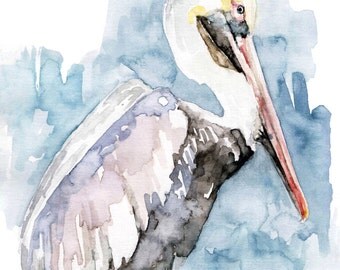 Pelican Painting - Print from Original Watercolor Painting, "The Fish Catcher", Beach Decor, Water Bird, Pelican Art
