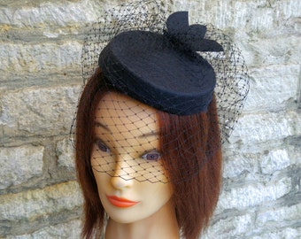 Pillbox hat with veil black cocktail hat and birdcage fascinator veil funeral veil funeral hat black felt hat races hat formal wedding hat