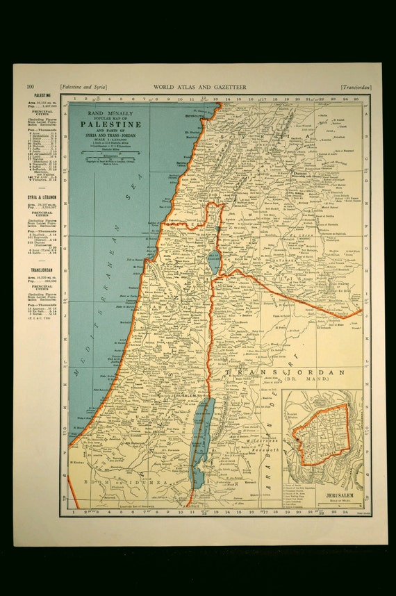 Jerusalem Map Palestine Israel Vintage 1930s by MapsBooksEphemera