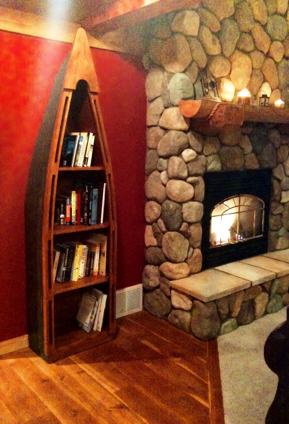 Rustic Handcrafted Canoe Cabin Bookcase. Book Shelf with 4
