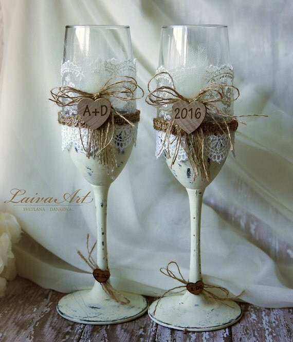 Rustic Personalized Wedding Champagne Flutes Rustic by LaivaArt