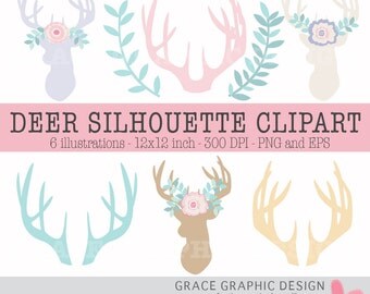 Deer Silhouette Clipart, Rustic Digital Woodlands Clipart, Flower Clipart, Laurel Clipart, Instant Download Clipart, Commercial Use Vector