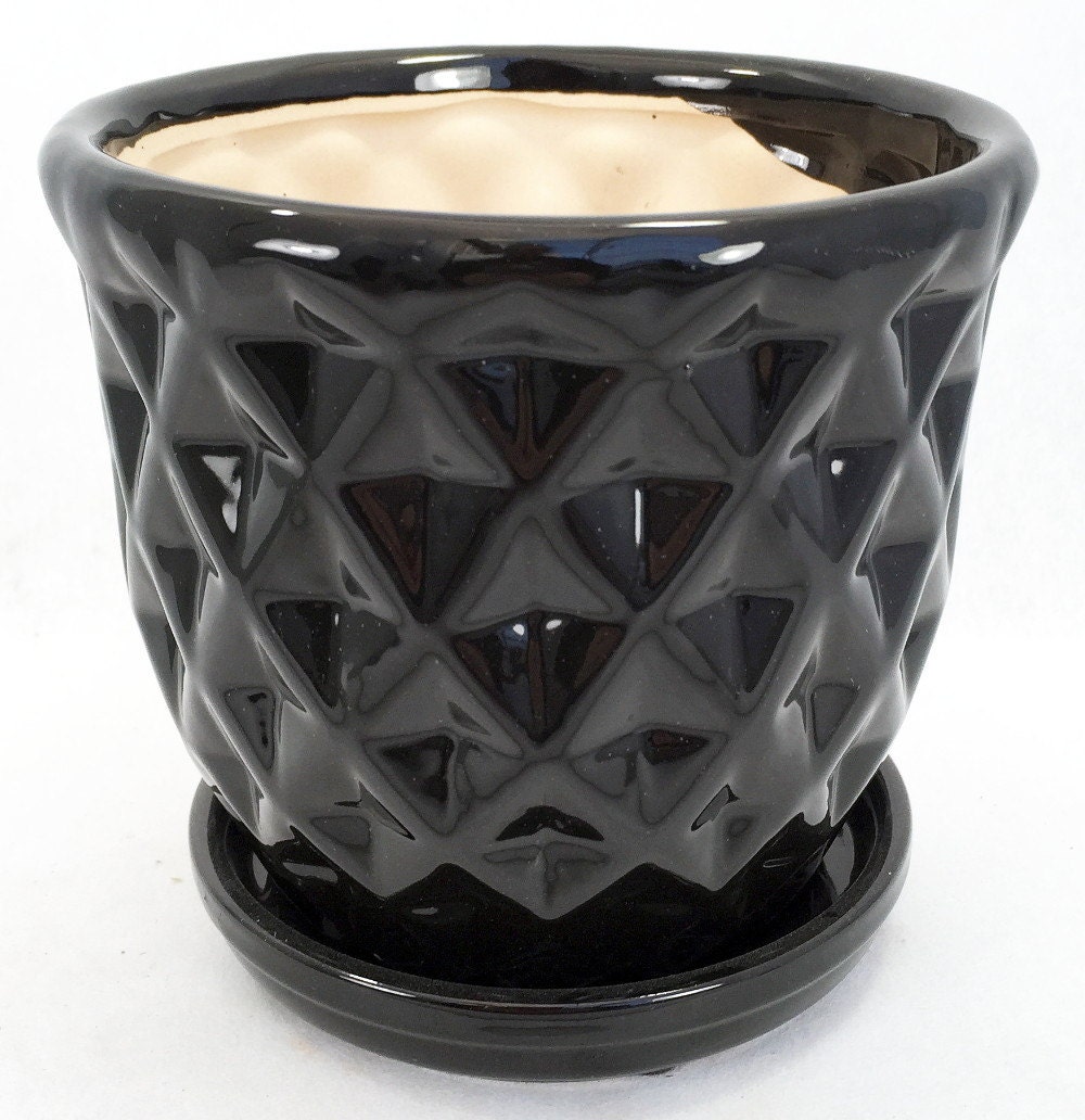 Black Pineapple Glazed Ceramic Pot/Saucer 8 x 6