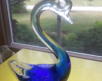 Vintage MId Century Blown Glass Blue and Clear Swan Paperweight
