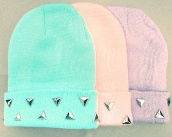 Pastel Grunge Beanie // Pastel Goth Hat // Triangle Studded Pastel Beanies // Blue Pink Purple Beanies Creepy Cute Punk Soft Grunge Kawaii