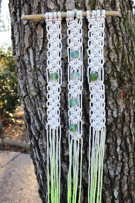 SALE Macrame on Driftwood Beaded Macrame Green Wall