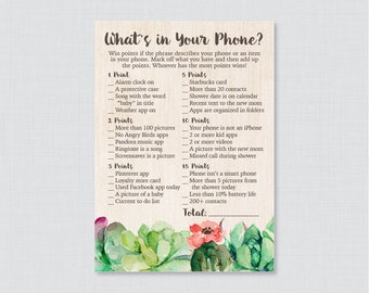 Succulent Baby Shower What's in Your Phone Game - Printable Phone Raid Game - Green What's in Your Phone Game - Rustic Shower Game 0061