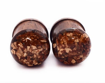 Copper Crushed Glass - Sono Wood Plugs / 2g, 0g, 00g, 1/2, 9/16, 5/8 / organic wood plugs / glass plugs / copper gauges / natural plugs
