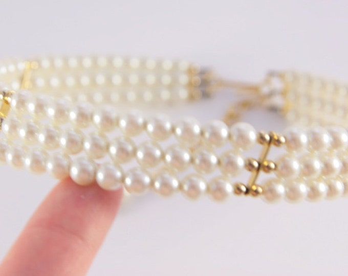 Pearl Choker Necklace Around Neck Three Strand Gold Beads Firm Solid Wedding Necklace