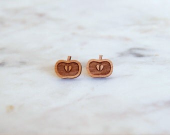 Wooden Apple Earrings - Stud Earrings - Fruit Earrings - Lasercut - Wood Earrings.