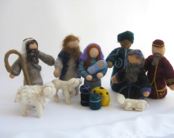 Basic Christmas nativity set, needle felted wool miniatures, Waldorf inspired; Holy Family, Shepherd, 1 sheep, 2 lambs, & 3 wisemen w/ gifts