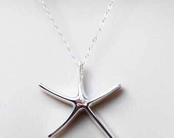 Sterling Silver Large Starfish Necklace, Beach Jewelry, Large Starfish Pendant, Beach Wedding, Sterling Silver Necklace, Strand Necklace