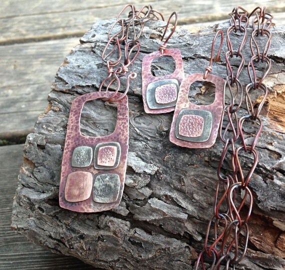 Silver and copper mixed metal jewelry set hammered necklace