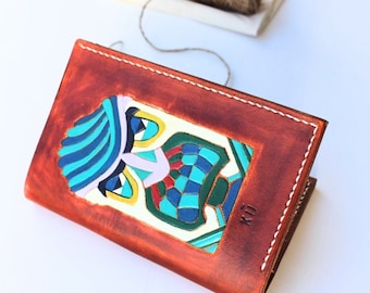 Leather Wallet, Hawaiian Tiki mask Wallet, Custom Wallet, leather anniversary for him, mens leather wallet, bifold wallet, leather wallet