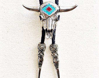 Genuine Turquoise BOLO TIE with Cow Skull Coral - The 'Sacred Bull' Bolo Tie Necklace