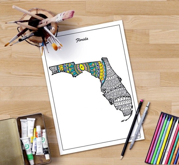 Florida map coloring page for adults USA map art Printable