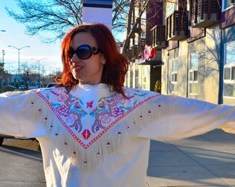 Western Wear Shirt FRINGE Floral Beaded Tassel 80s Shirt Neon Rodeo Country Girl Hipster Square Dancing Sexy Cow Girl Square Dance Festive