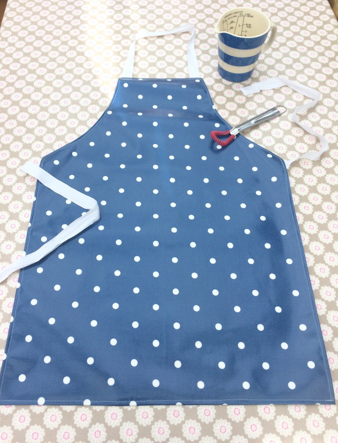 Oilcloth Apron Polka Dotted Apron Blue Polka Dot Apron