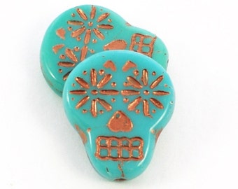 Czech Glass Beads - Sugar Skull Beads - Dia De Los Muertos Beads - Turquoise Opaque with Copper Wash Beads - 20x17mm - 2, 4 or 10 Beads