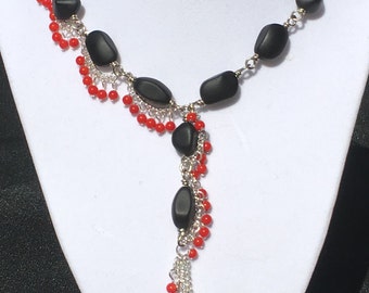Sterling Silver Necklace, Recycled Glass and Beads, Necklace, Wire-wrapped, Y Necklace