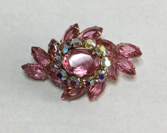 DeLizza & Elster Juliana Large Centerpiece Brooch, Pink Navettes, Aurora Borealis Chatons